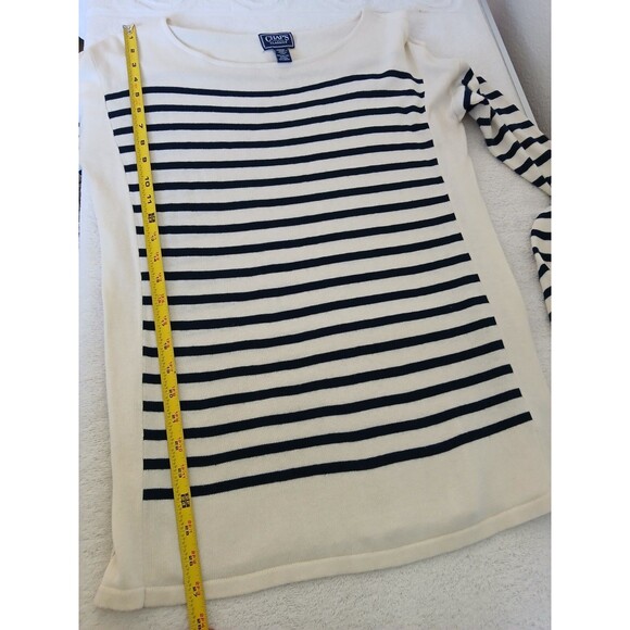 CHAPS CLASSICS Women's Top 3/4 Sleeve Navy White Striped Pullover Sweater Medium - Picture 10 of 16